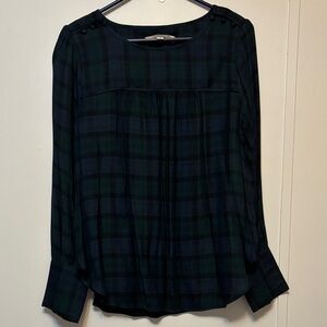 LOFT Dark Green Navy and Black Plaid Blouse